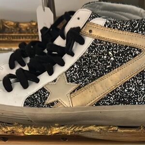 ShuShop Black Glitter High-Top Sneakers with Gold Star